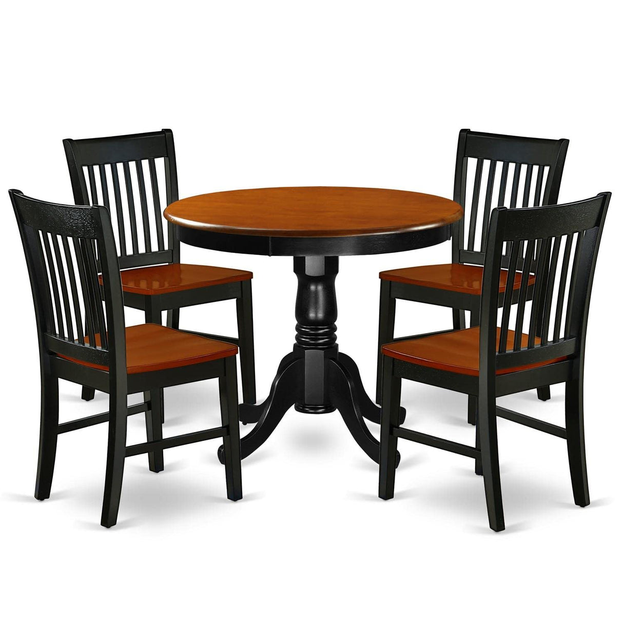 East West Furniture ANNO5-BCH-W 5 Piece Set Includes a Round Dining Room Table with Pedestal and 4 Wood Seat Chairs, 36x36 Inch East West Furniture