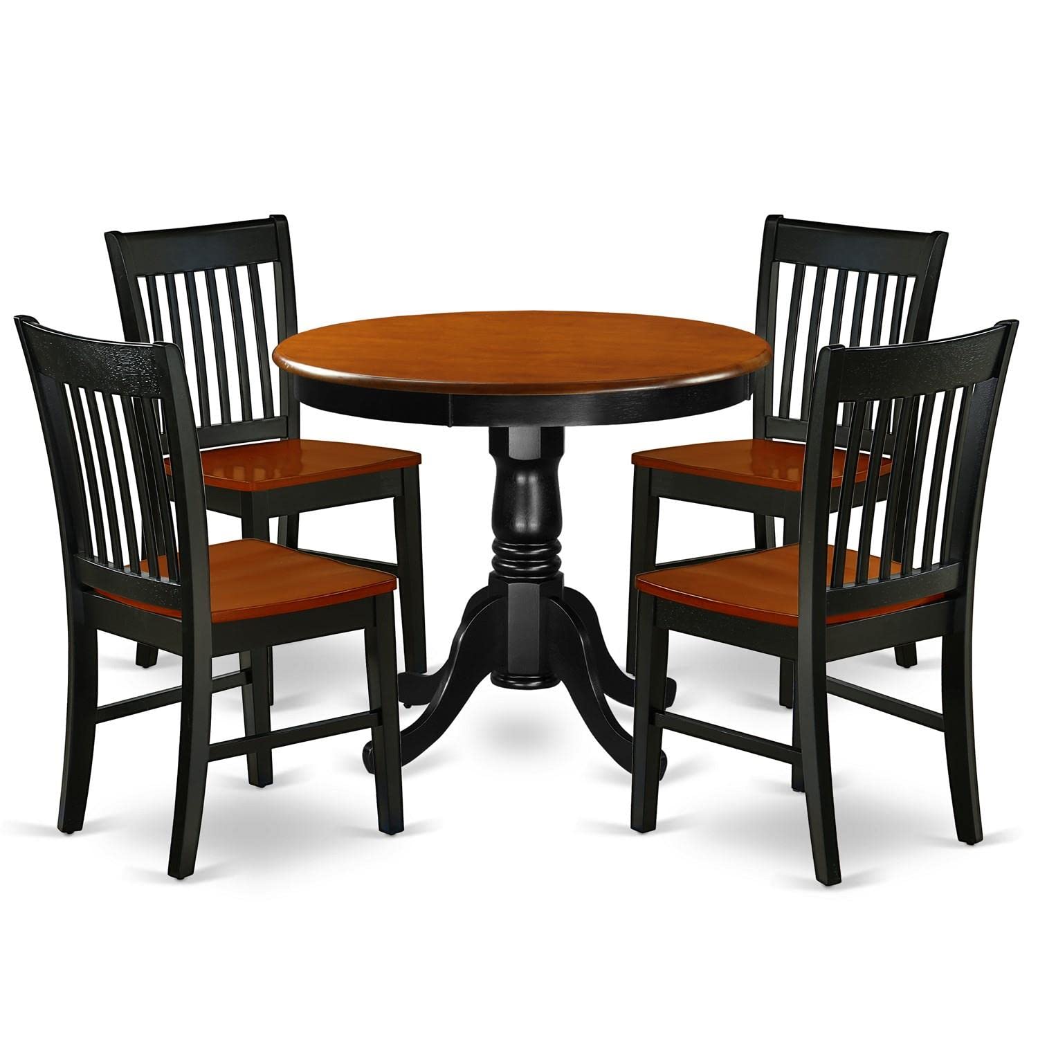 East West Furniture ANNO5-BCH-W 5 Piece Set Includes a Round Dining Room Table with Pedestal and 4 Wood Seat Chairs, 36x36 Inch - WoodArtSupply