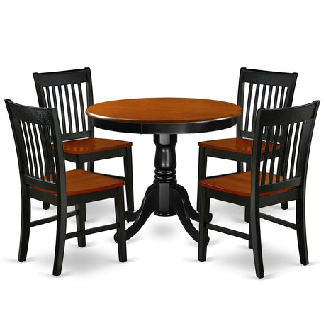 East West Furniture ANNO5-BCH-W 5 Piece Set Includes a Round Dining Room Table with Pedestal and 4 Wood Seat Chairs, 36x36 Inch East West Furniture