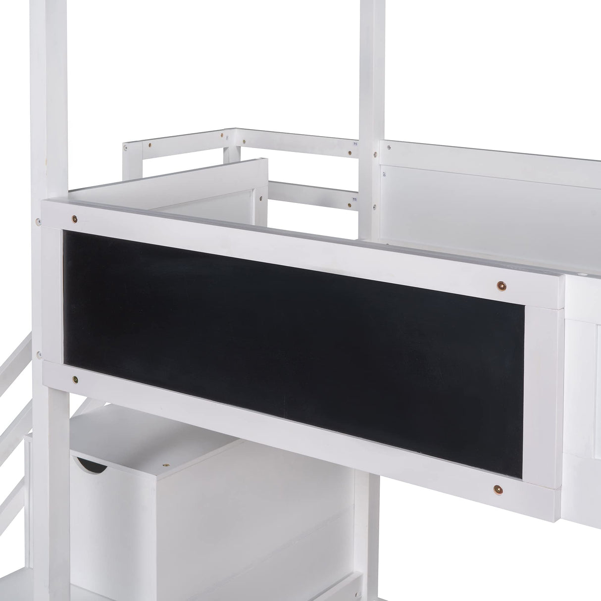 Twin Over Full House Bunk Bed with Storage Staircase & Blackboard, Wood Kids Bunk Bed with Roof and Guardrails, Playhouse Bunk Beds for Kids, Teens, Adults, No Box Spring Required (White) Bellemave