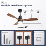 Sofucor 48 Inch Smart Ceiling Fan with Lights and Remote/APP Control, Compatible with Alexa/Google, 3 Blade Brown Black Solid Wood Low Profile Ceiling Fan for Indoor Outdoor Bedroom Farmhouse Patio Sofucor