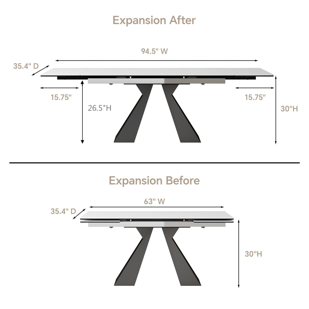 Extendable Dining Table for 8-12 Seat,Tabletop Made of Sintered Stone and Tempered Glass, Modern Style, 35.4" D x 94.5" W x 30" H, White Top TimesGate
