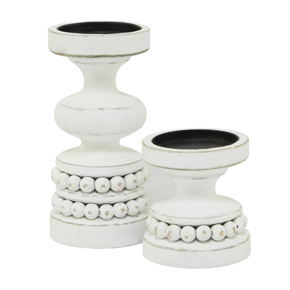 The Novogratz Wood Decorative Candle Holder Beaded Pillar Candle Stand, Set of 2 Candlestick Holder 8", 4"H, White Deco 79
