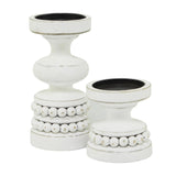 The Novogratz Wood Decorative Candle Holder Beaded Pillar Candle Stand, Set of 2 Candlestick Holder 8", 4"H, White Deco 79