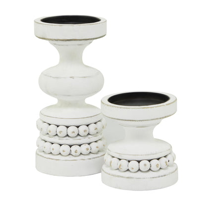 The Novogratz Wood Decorative Candle Holder Beaded Pillar Candle Stand, Set of 2 Candlestick Holder 8", 4"H, White - WoodArtSupply