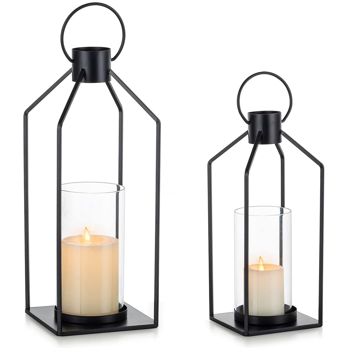 Nuptio Decorative Lantern Candle Holder: 2 Pcs Glass Hurricane Pillar Candles Holders Rustic Black Metal Hanging Lanterns Decor for Outdoor Wedding Farmhouse Home Fireplace Christmas Halloween NUPTIO