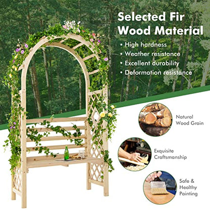 Giantex 81in Garden Arch with 2-Person Bench, Wooden Garden Arbor Archway Trellis for Climbing Plants, Outdoor Wedding Arches Patio Trellis Pergola for Ceremony Party Lawn Backyard, Load 543 lbs