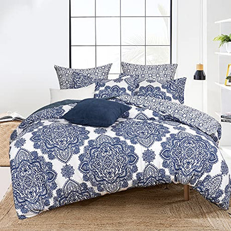 PHF Ultra Soft Paisley Duvet Cover Queen Size, Printed Bedding Set 3 Pieces, Comfy Farmhouse Pattern Duvet Cover Set with 2 Pillow Shams, Zipper Closure and 8 Ties, 90"x90", Royal Blue & White PHF