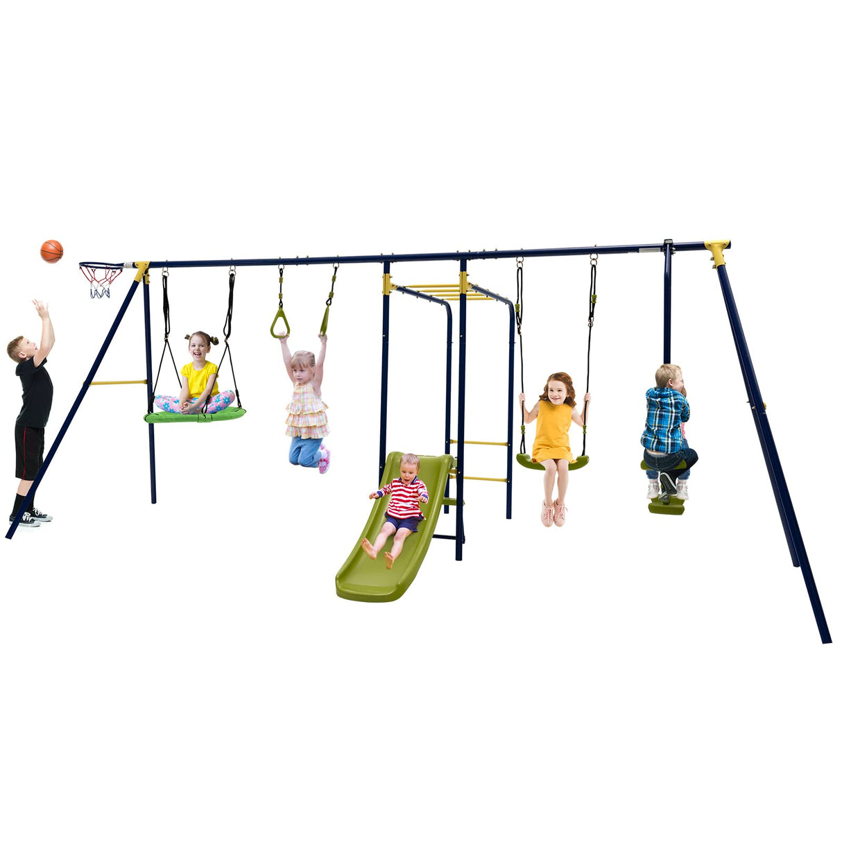 HONEY JOY Swing Set, 660lbs 7-in-1 Heavy Duty Swingset Outdoor for Kids w/A-Frame Metal Swing Stand, 2 Swings, Glider, Gym Rings, Slide, Monkey Bar, Basketball Hoop, Swing Sets for Backyard HONEY JOY