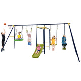 HONEY JOY Swing Set, 660lbs 7-in-1 Heavy Duty Swingset Outdoor for Kids w/A-Frame Metal Swing Stand, 2 Swings, Glider, Gym Rings, Slide, Monkey Bar, Basketball Hoop, Swing Sets for Backyard HONEY JOY