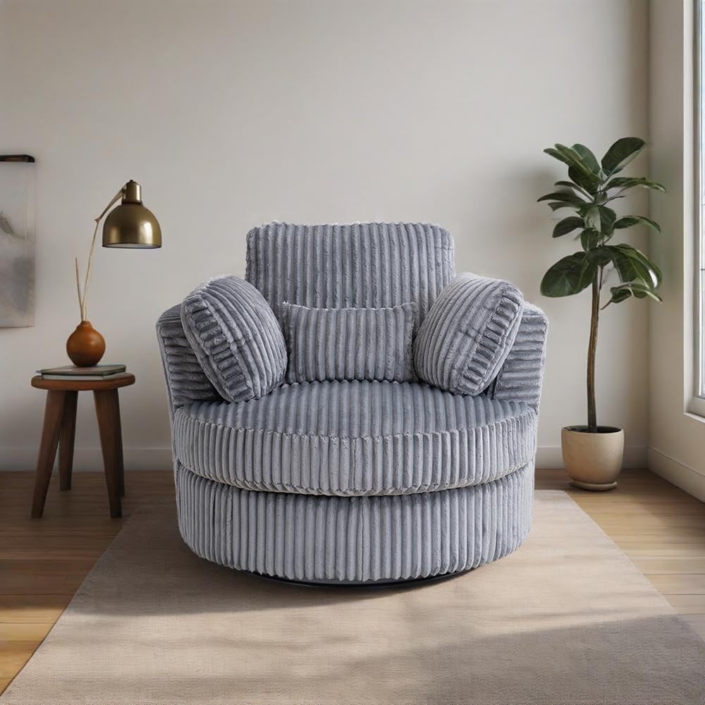YABTOP Oversized Swivel Accent Barrel Chair with Pillows,Modern Round Plush Cuddler Reading Chair Comfy for Bedroom Living Room,Corduroy Gray YABTOP