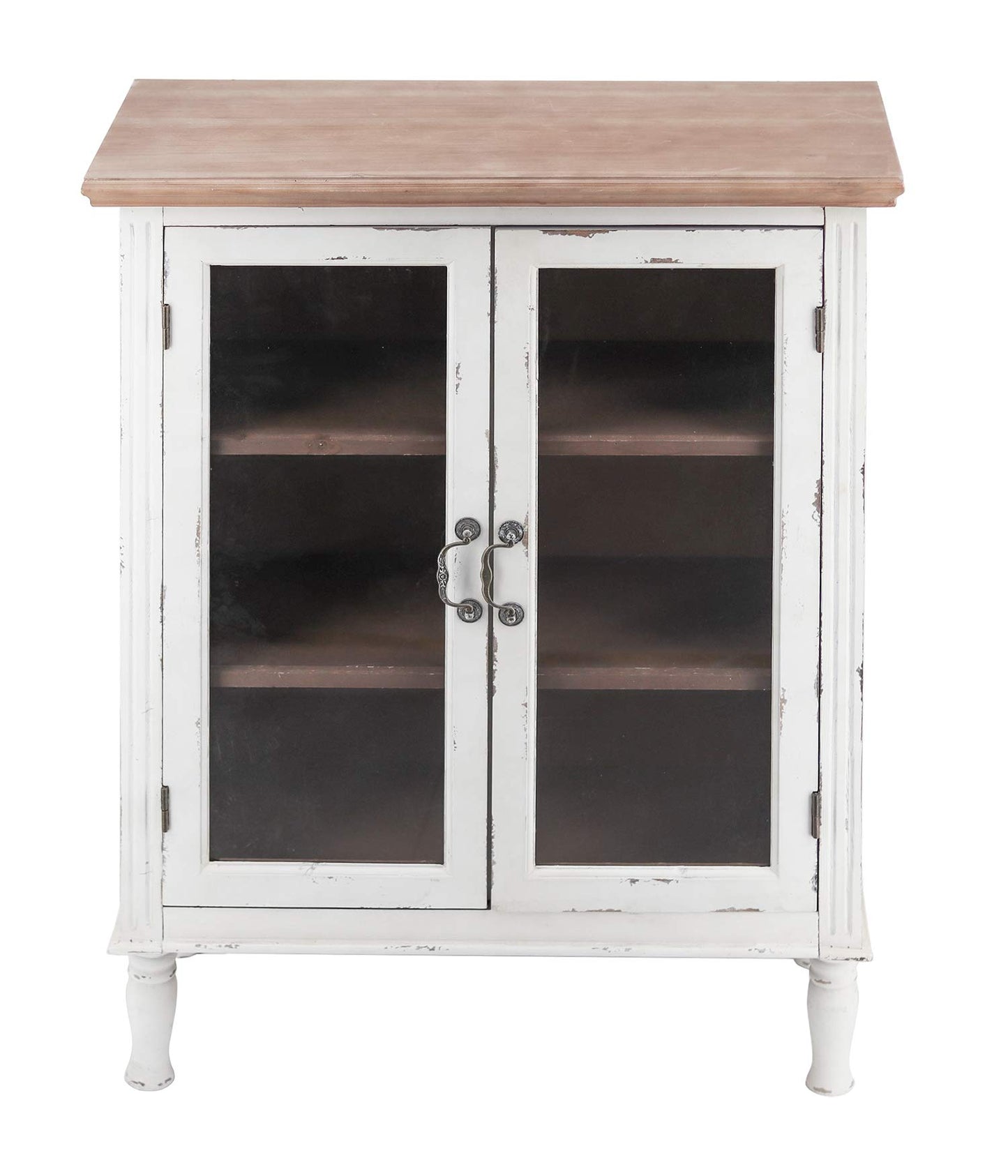 Farmhouse Wood Cabinet with 2 Glass Doors and 3 Shelves, Distressed White and Natural Wood Storage Cabinet for Kitchen, Dinning room, Bathroom,