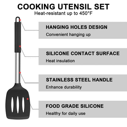 E-far Silicone Cooking Utensils Set, 7 Pcs Heat Resistant Kitchen Utensils with Stainless Steel Handle, Slotted Turner, Spoon, Soup Ladle, Pasta Server, Skimmer, Tongs for Nonstick Cookware, Black