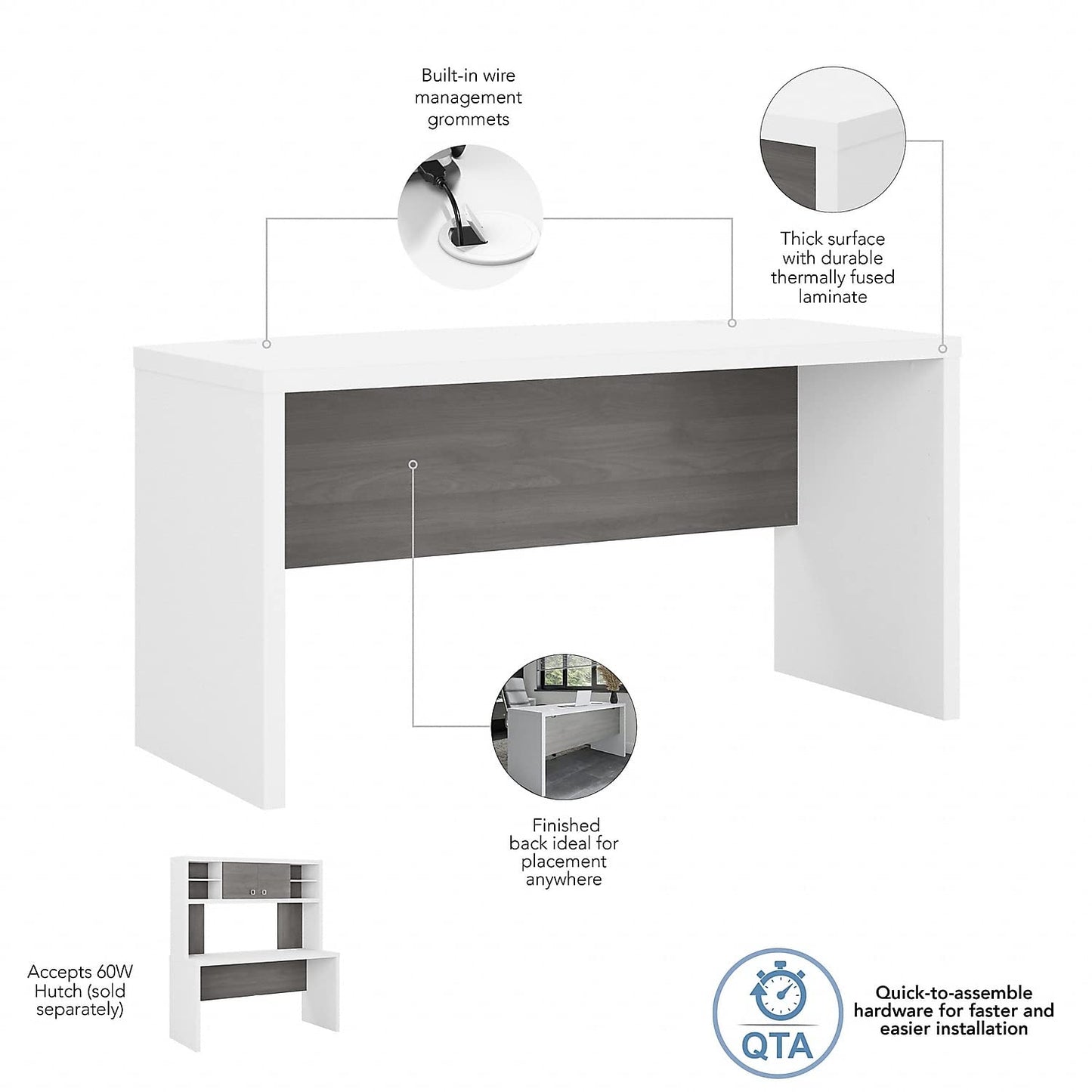 Office by kathy ireland Echo 60-inch W Credenza Desk, Pure White/Modern Gray (KI60506-03) - WoodArtSupply