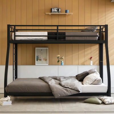 PVWIIK Queen Over King Bunk Bed with Guardrails for Girls, Boys,Metal Bed Frame w/Ladder for Adult Teenagers Kids Bedroom,Reinforcement Design and Space Saving Design, No Box Spring Needed,Black