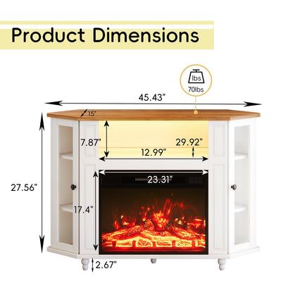 4 EVER WINNER Fireplace TV Stand Corner with LED Lights, Glass Doors, Farmhouse Fireplace Entertainment Center with Adjustable Storage Cabinets, TV Console with Fireplace for Living Room, White