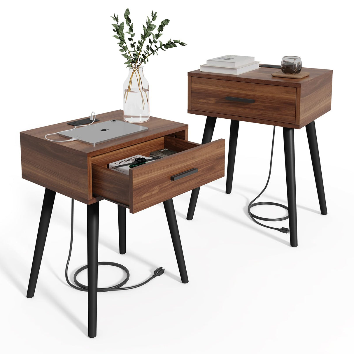 HAIOOU Set of 2 Mid Century Nightstand with Charging Station, End Table Modern Side Table One Drawer with Premium Matte Black Handle and Pine Wood Legs for Home Bedroom Living Room HAIOOU