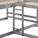 L Shaped Bunk Beds for 4, Wooden Quad Bunk Bed with Slide, Full Over Full Bunk Bed with Twin Over Twin Bunk Bed Attached for Kids Girls Boys, Gray Bellemave