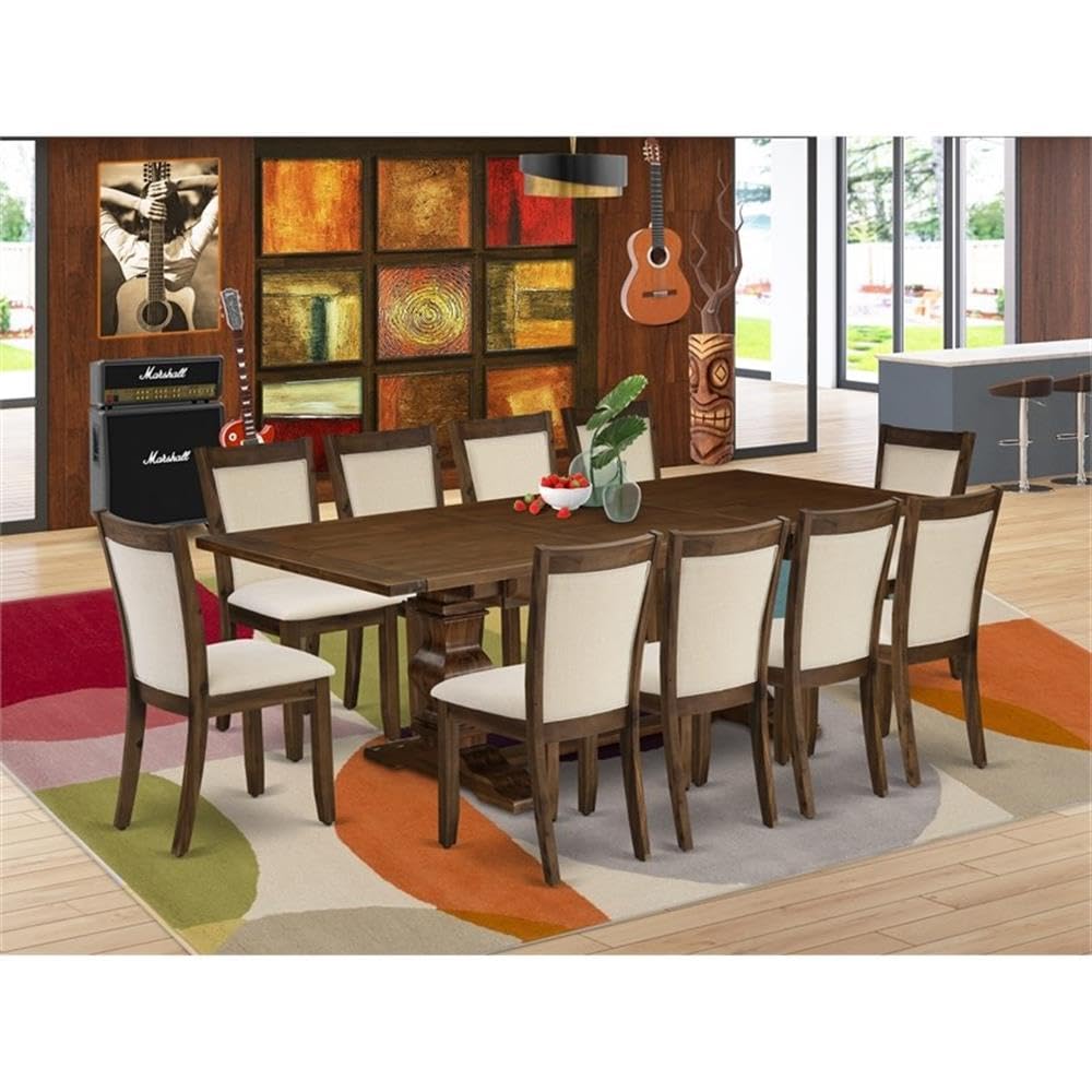 East West Furniture LAMZ11-N8-32 11 Piece Kitchen Table Set Includes a Rectangle Dining Table with Removable Leaf and 10 Light Beige Linen Fabric Upholstered Chairs, 42x92 Inch, Walnut East West Furniture