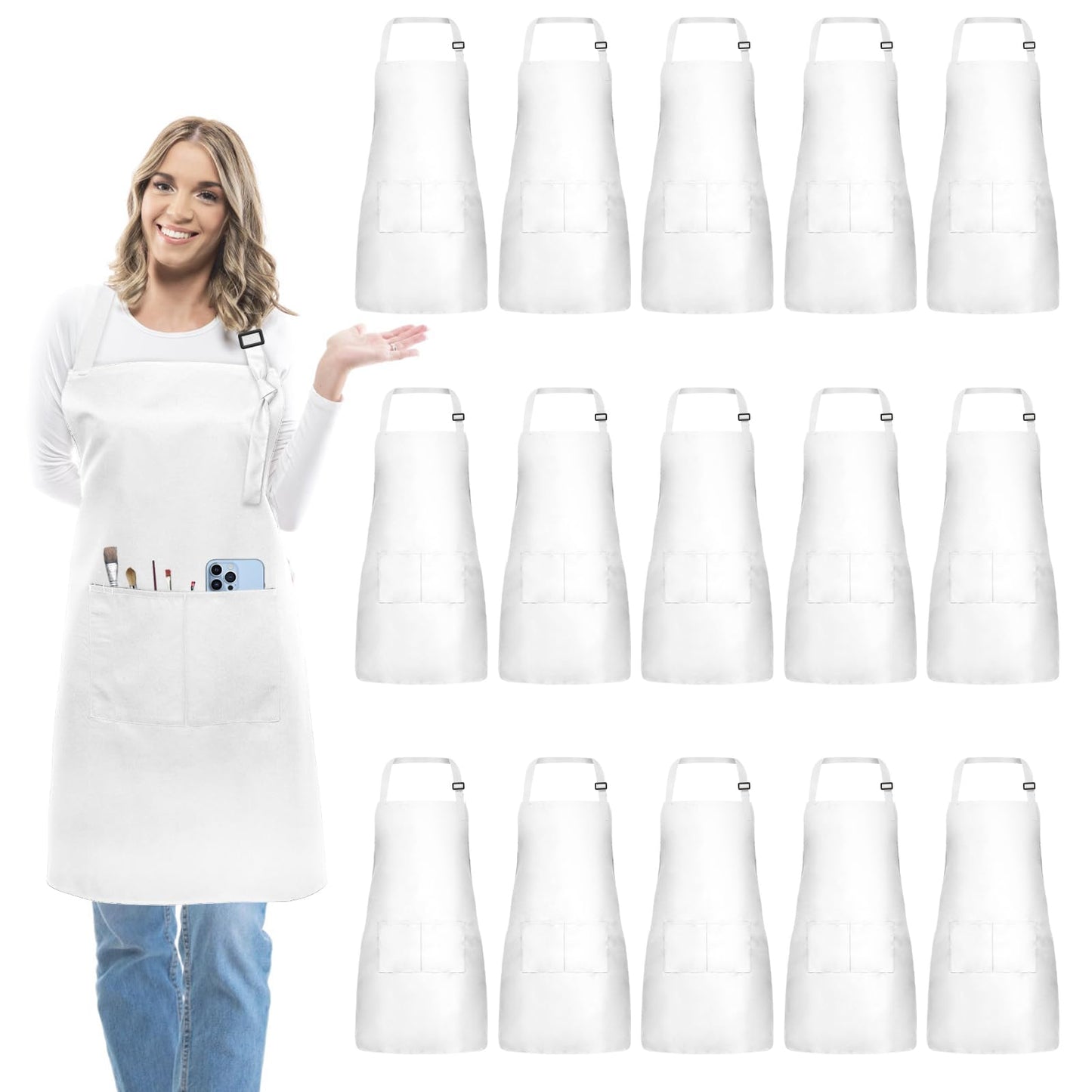 IMERAGO 15 Pcs Adult Aprons Bulk with Pockets Adjustable Bib Chef Apron for Women Men Painting Cooking Crafting (White, L)