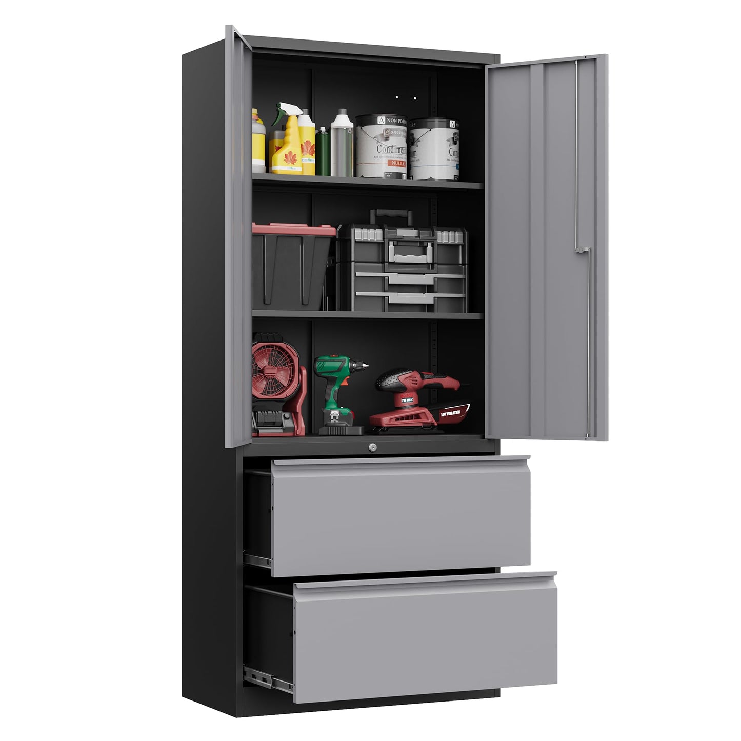 Fesbos 71" Metal Storage Cabinet with Lock - Large Lockable Garage Tool Cabinet with Drawers and Shelves - Tall Steel Heavy-Duty Cabinet for Home Office Gym School