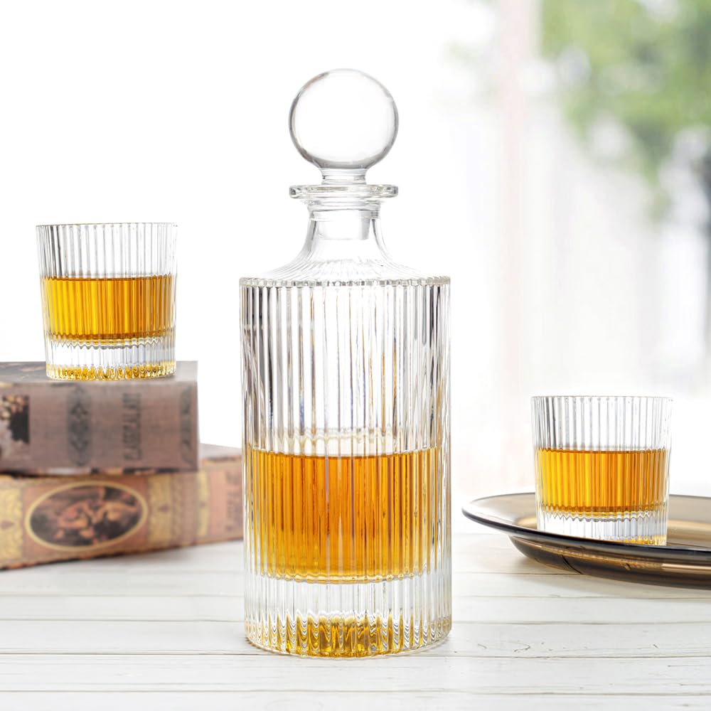 27Oz Whiskey Liquor Decanter Ribbed Set in Box,Decanter Set with 2 Glasses,Idea for Scotch Liquor,Whiskey Wine Decanter Suit for Men and Women Father Coworkers QUEEN&STONE LEAD FREE