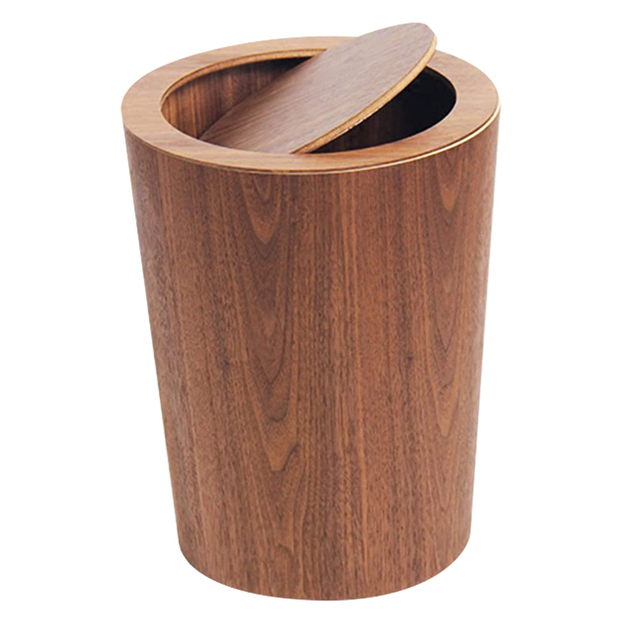 Modern Round Trash Can with Lid,Solid Real Wood Waste Basket in Walnut,8L/2.1Gal,9.25"x7.5"x11.8" Swing Top Small Trash Can, Living Room, Office & Bathroom Farmhouse Loft Wooden Style Primo Supply