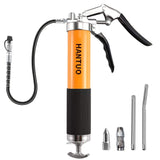 HANTUO Grease Gun, 8000 PSI Heavy Duty Pistol Grip Grease Gun Kit with 14 oz Load, 18 Inch Spring Flex Hose, 2 Grease Couplers, 2 Extension Rigid Pipes and 1 Sharp Type Nozzle, Suit for Zerk Fittings HANTUO
