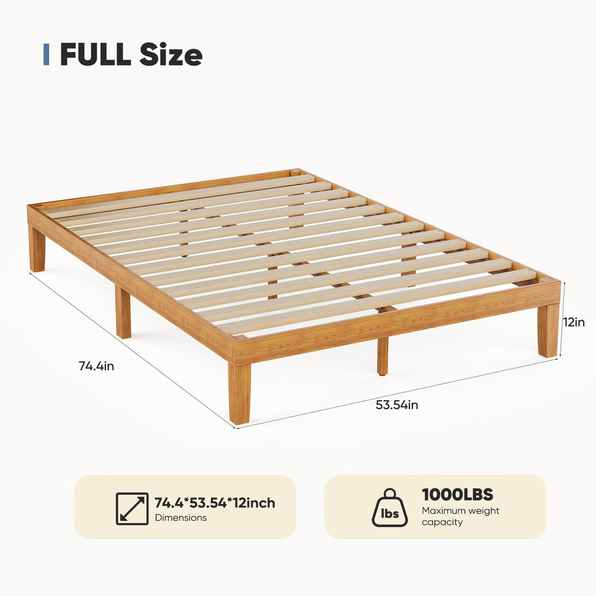 UOCFYK 12 Inch Solid Wood Platform Bed, Full Size Bed Frame with Wood Slat Support, No Box Spring Needed, Easy Assembly, Natural Pine UOCFYK
