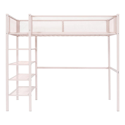 YOPTO Tiwn Size Metal Loft Bed with 4-Tier Shelves and Storage,Heavy Duty Metal Loft Bed Frame w/Bookshelf,No Box Spring Needed,for Kids Teens Adults,Pink