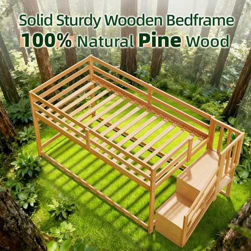 TOLEAD Low Bunk Bed Twin Over Twin, Floor Bunk Beds with Storage Staircase and Guardrails, Wooden Low Bunk Bed with Hanging Bar for Juniors, Boys, Girls, Kids, Natural Wood TOLEAD