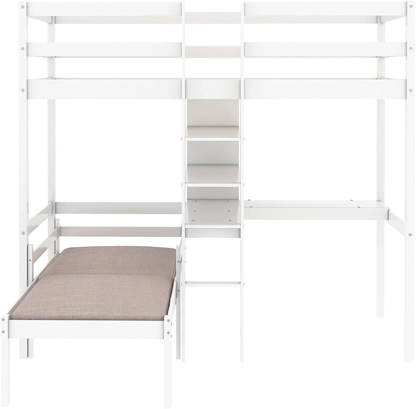 MERITLINE Twin Loft Bed with Versatile Desk and Bookshelf in White - WoodArtSupply