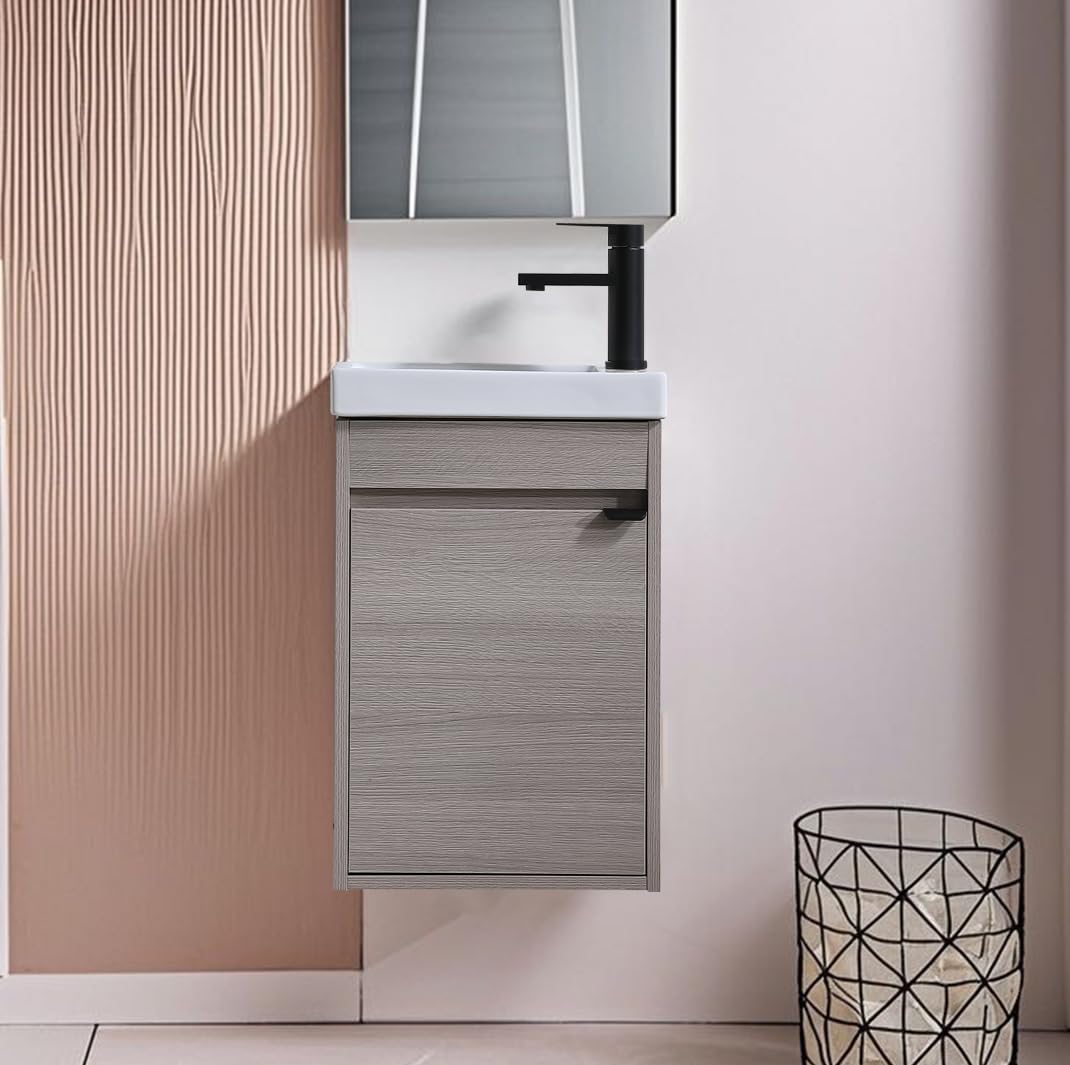 Wenore Home 16 Inch Bathroom Vanity with Sink Combo,Wall Mounted Cabinet Set for Small Space,Floating Bathroom Vanity with Sink,Small Bathroom Vanity with Forest Oak Wenore Home