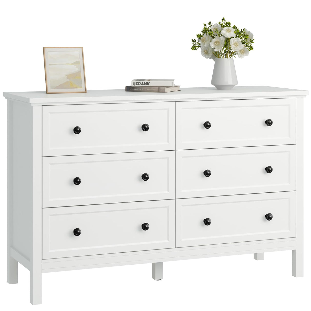 CARPETNAL White Dresser for Bedroom, 6 Drawer Dresser with Wide Drawer and Metal Handles, Wood Dressers & Chests of Drawers for Hallway, Entryway. CARPETNAL