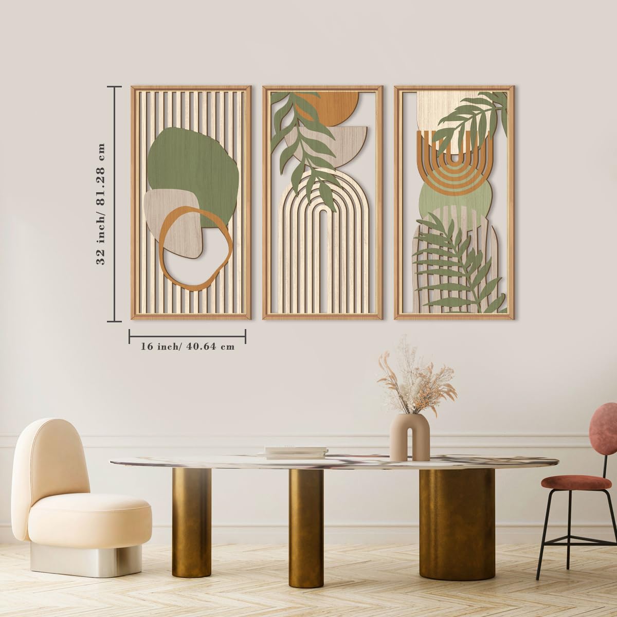 IARTTOP Large Abstract Geometric Wood Wall Art Framed Boho Wall Art Set Of 3 Mid Century Modern Wall Art Neutral Wall Decor For Bedroom Living Room Office-16 x32 IARTTOP