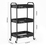 PNVXNUS 3-Tier Rolling Metal Storage Cart with Wheels, Multi-Functional Organizer for Office, Kitchen, Bathroom, Books Diapers - Easy Assembly (Black) PNVXNUS