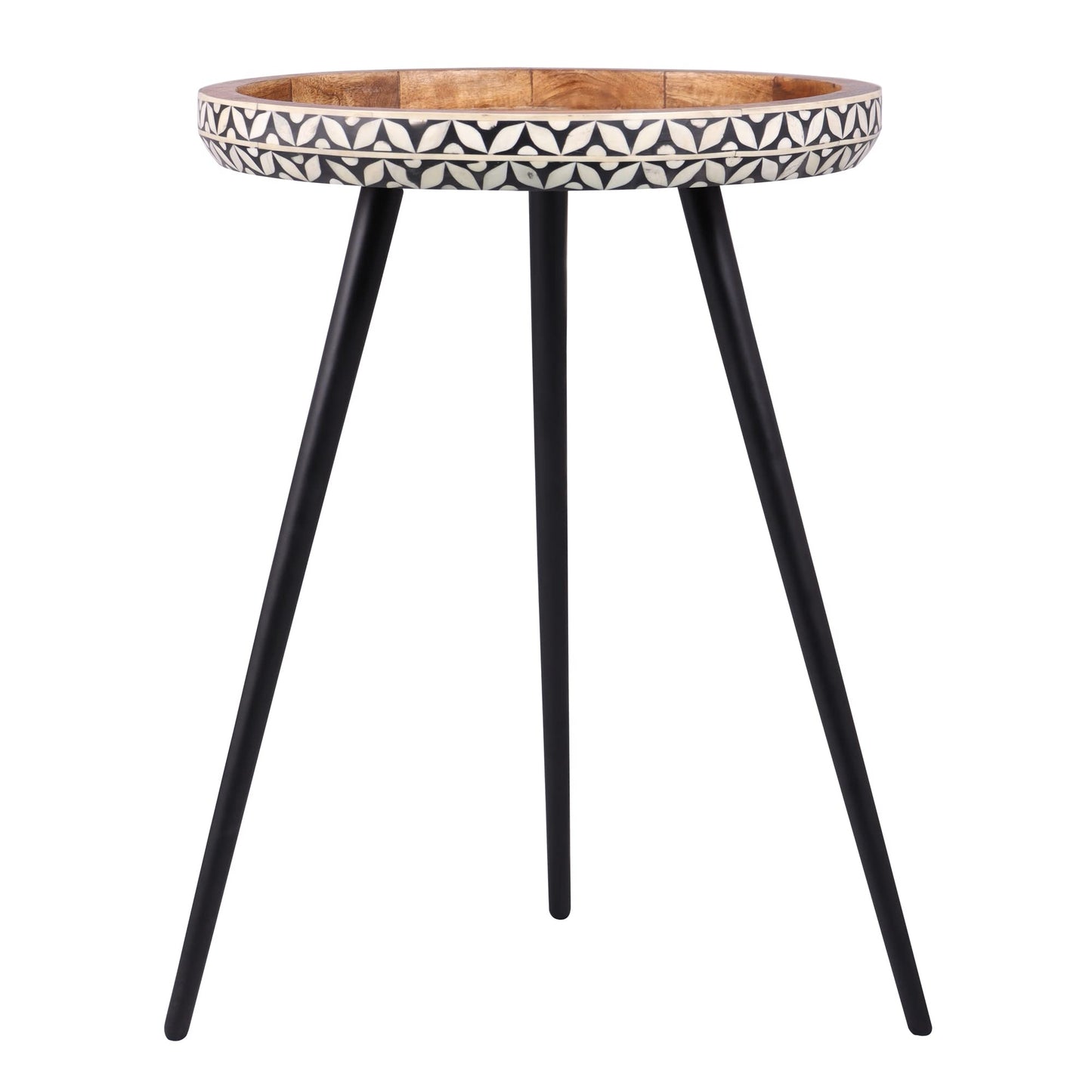 East at Main Handmade- Natural Bone Inlay Round Side Table - Iron Legs - 16" Dia X 20" H Mango Wood Side Table, Accent Table, Bedside Table - WoodArtSupply