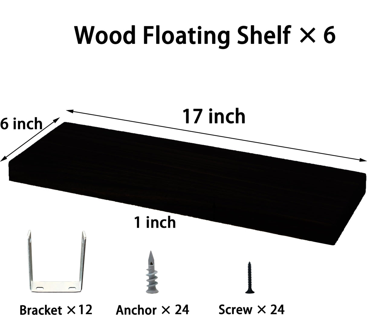HXSWY Wood Floating Shelves for Wall, Wooden Wall Shelves for Bedroom, Wall Mounted Shelves for Living Room, Set of 6 Black HXSWY