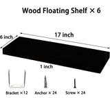 HXSWY Wood Floating Shelves for Wall, Wooden Wall Shelves for Bedroom, Wall Mounted Shelves for Living Room, Set of 6 Black HXSWY