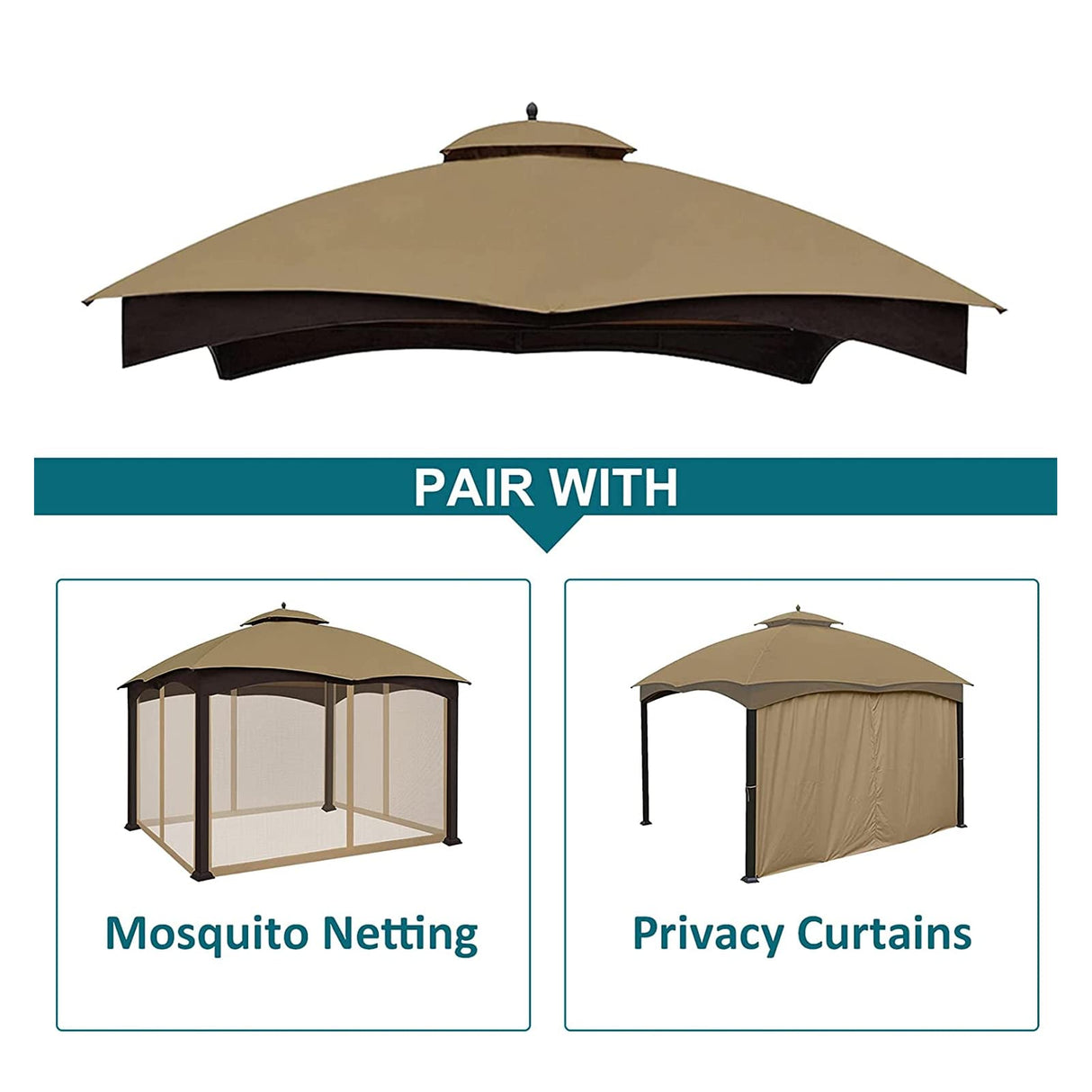 Gazebo Replacement Canopy Top Cover - Wonwon 10X12 Double Tiered Canopy Roof for Lowe's Allen Roth Gazebo Model #GF-12S004BTO/GF-12S004B-1 (Khaki) Wonwon