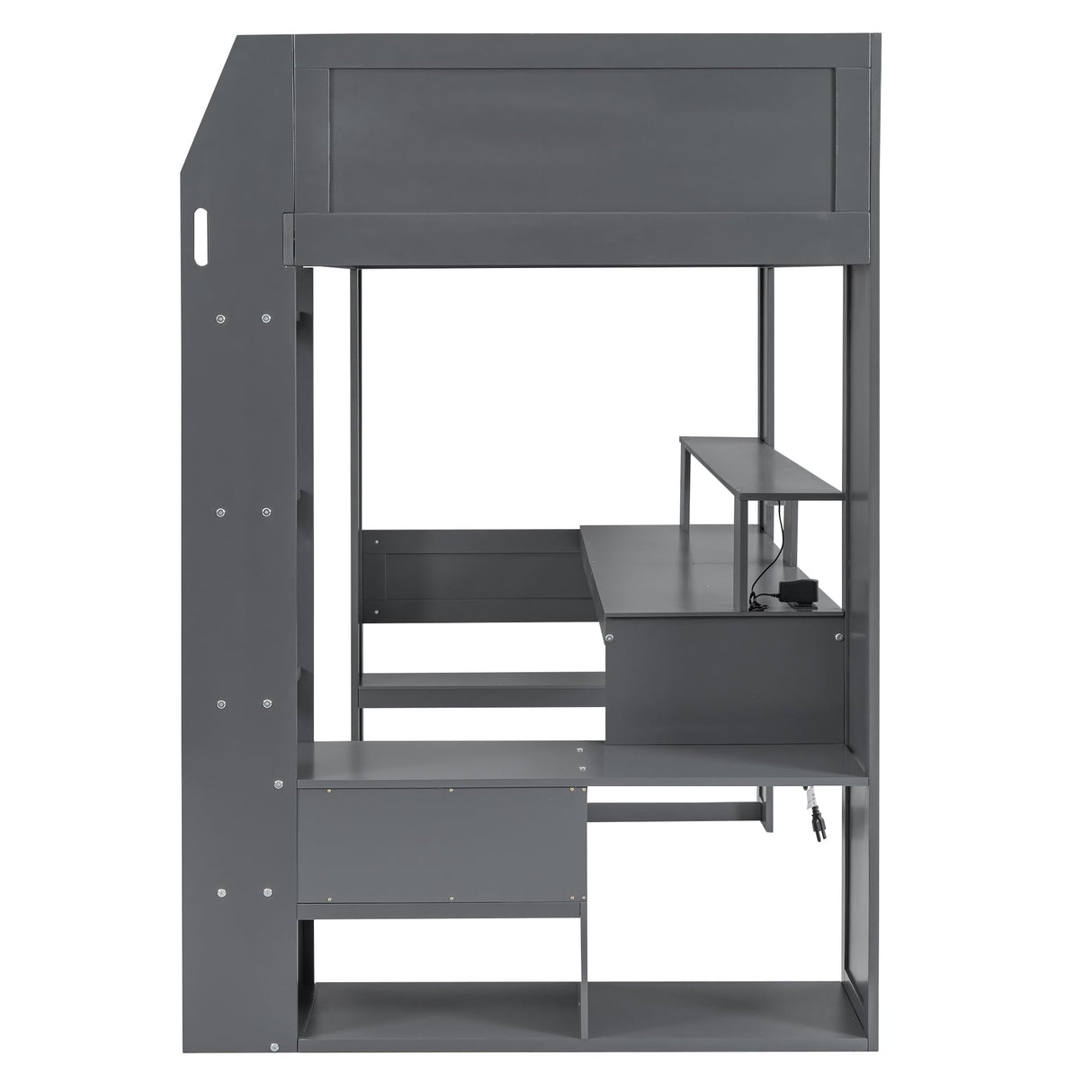 Merax Twin Loft Bed with Gaming Desk, Storage Shelves, Drawer & Charging Station in Dark Grey Merax