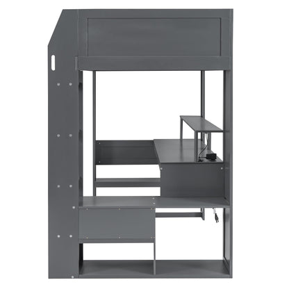 Merax Twin Loft Bed with Gaming Desk, Storage Shelves, Drawer & Charging Station in Dark Grey - WoodArtSupply