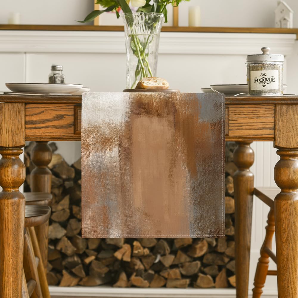 Artoid Mode Brown Abstract Modern Art Table Runner, Seasonal Farmhouse Style Kitchen Dining Table Decoration for Home Party Decor 13x72 Inch Artoid Mode