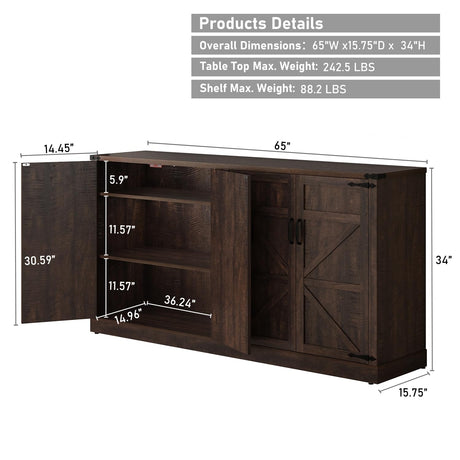 Sideboard Buffet Cabinet with Storage - 65 Inch Farmhouse Kitchen Pantries Sideboard Cabinet with Adjustable Shelves, Wooden Coffee Bar Cabinet Buffet Table for Kitchen, Dining Room, Brown chartustriable