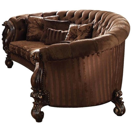 Acme Versailles Sofa with 5 Pillows in Brown Velvet and Cherry Oak Acme