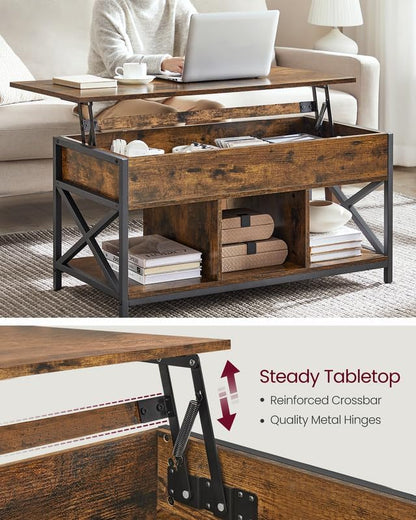 VASAGLE Lift Top Coffee Table with Storage Shelf and Hidden Compartments, 19.7 x 39.4 x (19.3-24.4) Inches, Rustic Brown and Black - WoodArtSupply