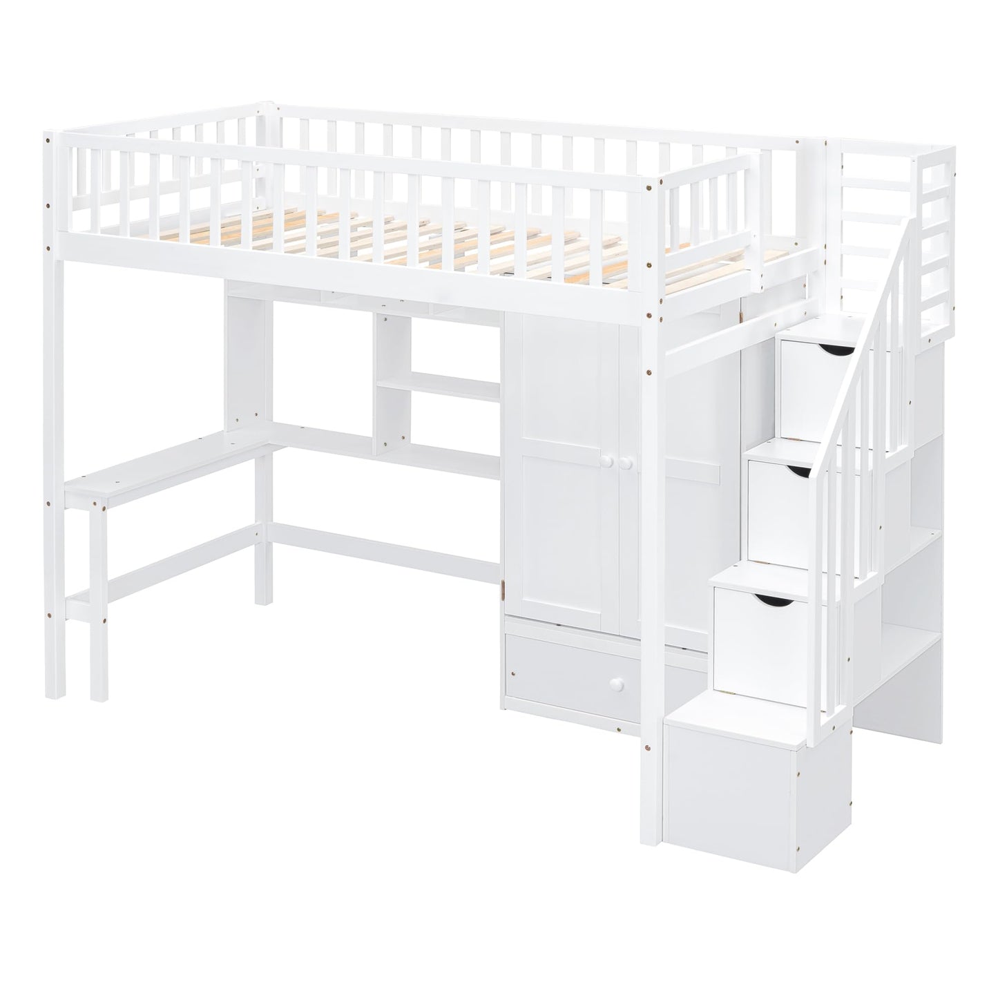 DRELOFT Twin Loft Bed with Desk, Stairs, Shelves, and Wardrobe in White - WoodArtSupply