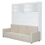 Merax Queen Size Murphy Bed, Wooden Queen Murphy Bed with Sofa and Cushion, Wall Bed with Shelves, White Merax