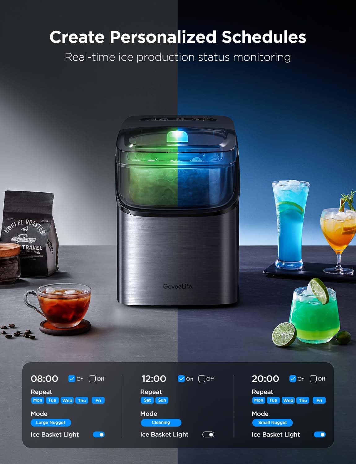 GoveeLife Smart Ice Maker Countertop, Portable Ice Machine with Voice Control, 9 Ice Cubes in 6 Minutes 3 Sizes, 26lbs/24Hrs, Self Cleaning RGB Lights, Quiet Ice Maker with Scoop for Kitchen Silver GoveeLife
