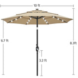 Yaheetech 10ft 3-Tier Vented Solar Patio Umbrella, Table Outdoor Market Umbrella with 24 LED Lights, 8 Sturdy Ribs Beach Umbrella with Tilt and Crank for Garden, Deck, Tan Yaheetech